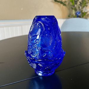 Vintage Fenton Inverted Strawberry Iridescent Blue Fairy Lamp Candle Votive Hold